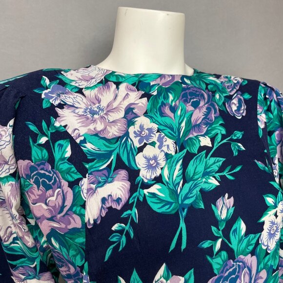 Vintage 90s Dress Floral Navy Blue Basque Waist Momcore Midi Rayon High Neck - Picture 7 of 16